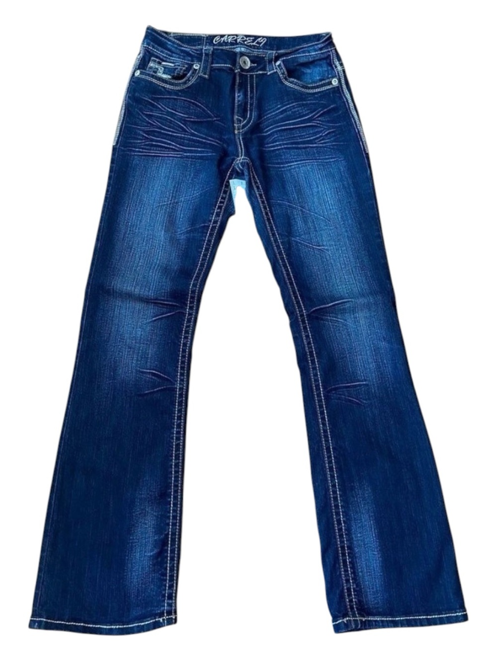 CARRELI blue jeans sequin mid rise tall flare leg wide size 30 coastal cowgirl
